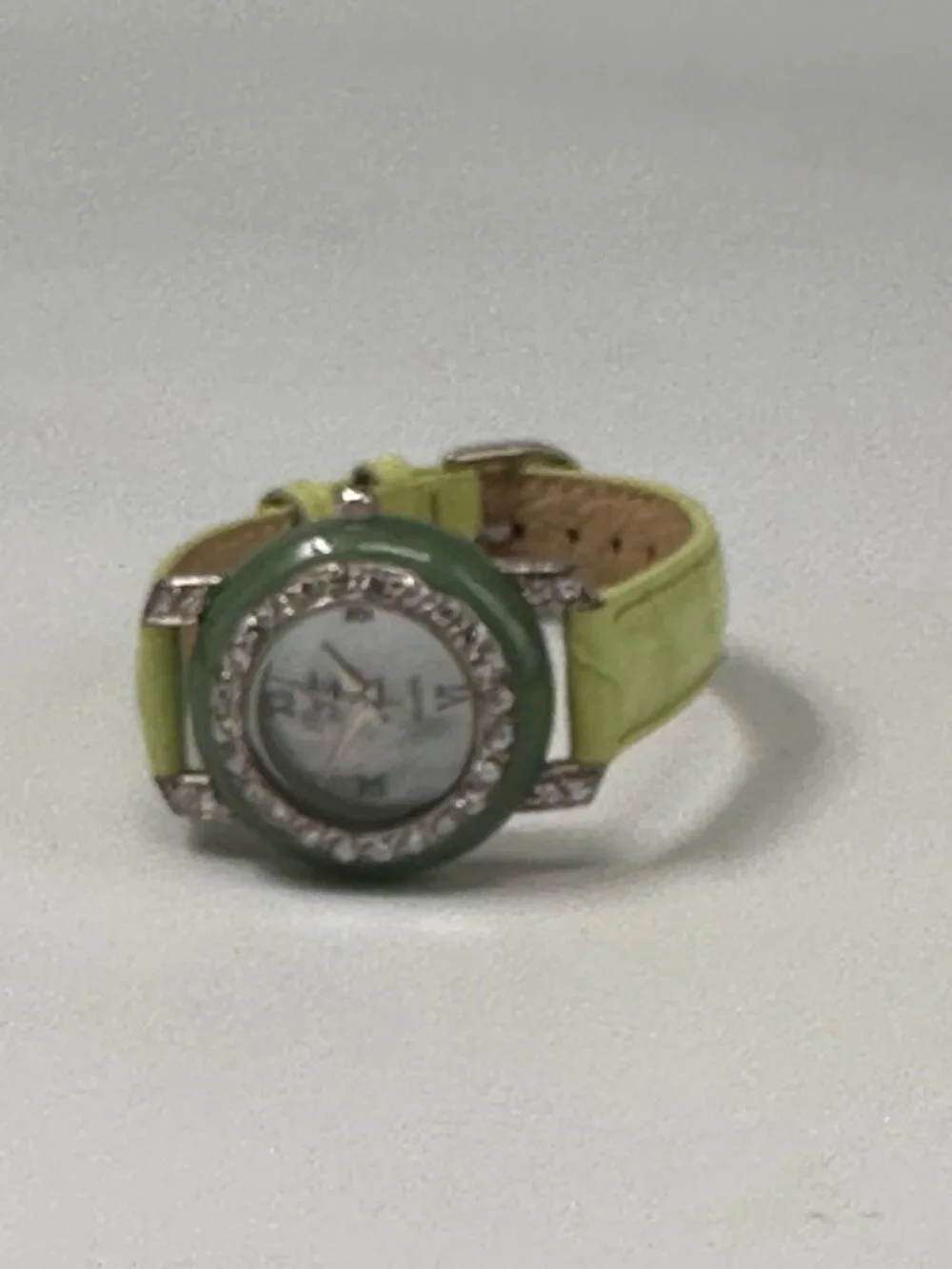 Precious Time Watch Women Silver Tone Green Leather Band New Battery 9 Inch